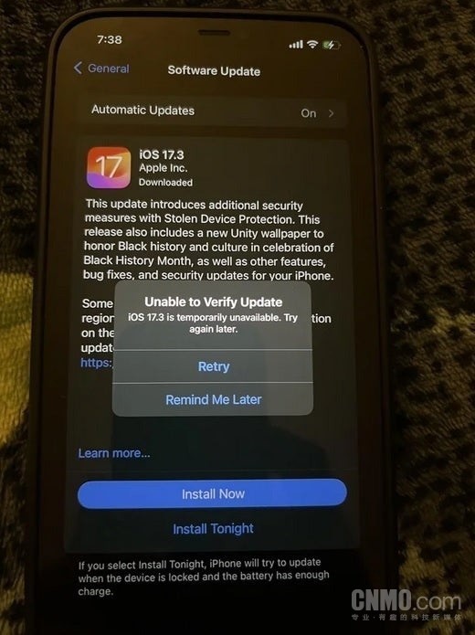 部分iPhone用户升级iOS 17.3失败 提示“无法验证更新”